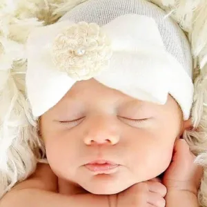 Newborn Infant Baby Hospital Hat with Large Bow and Pearls