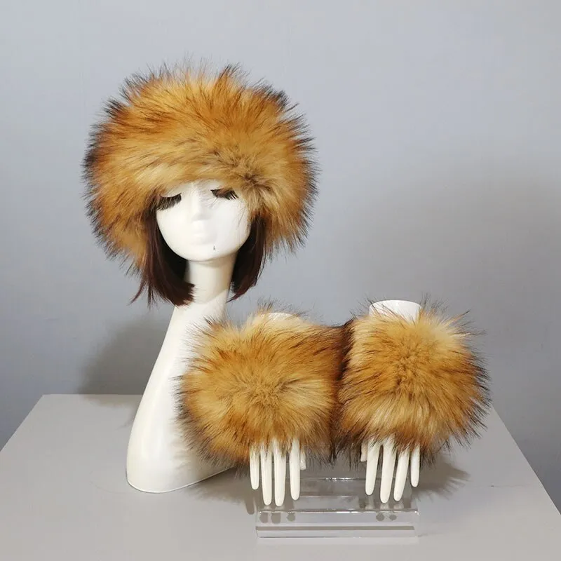 One Set Women Faux Fox Fur Cuffs   Headband Winter Warmer Hat Arm Wrist Sleeve Gloves Female Faux Fur Cap Elastic Wristband