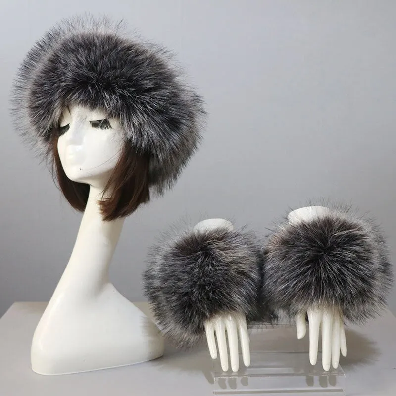 One Set Women Faux Fox Fur Cuffs   Headband Winter Warmer Hat Arm Wrist Sleeve Gloves Female Faux Fur Cap Elastic Wristband