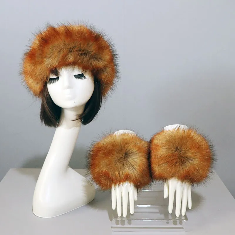 One Set Women Faux Fox Fur Cuffs   Headband Winter Warmer Hat Arm Wrist Sleeve Gloves Female Faux Fur Cap Elastic Wristband