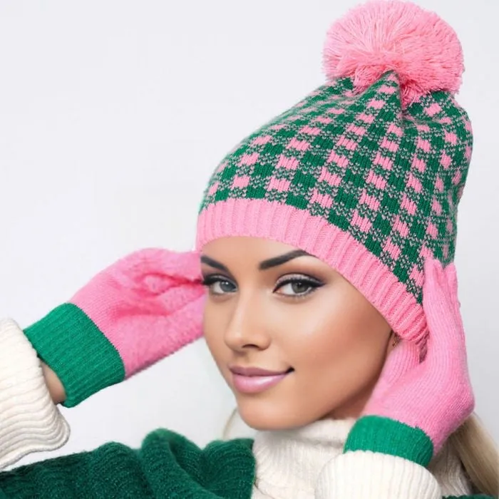 Pink Green Checkered Beanie