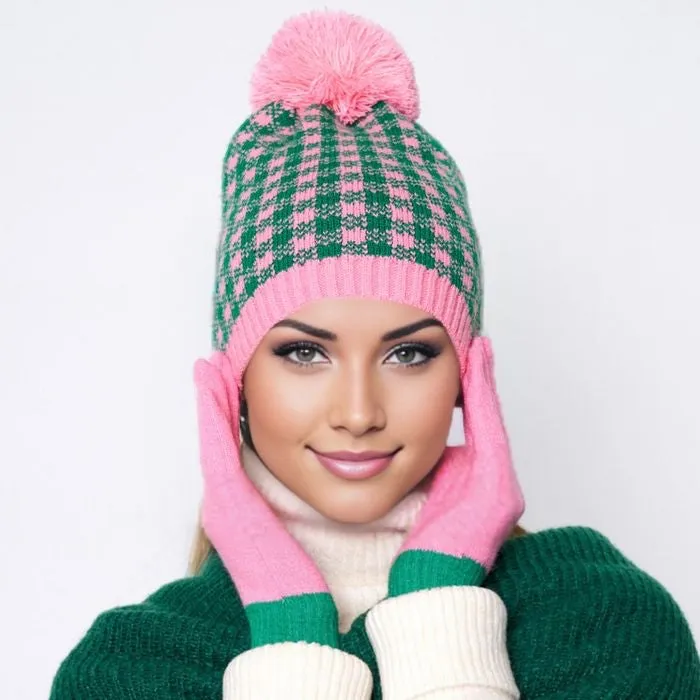 Pink Green Checkered Beanie