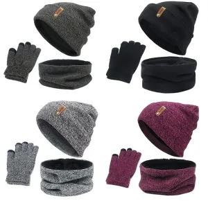 Unisex Beanies Hat Ring Scarf Gloves Set Winter Knitted Thick Warm Cap Women Men Solid Retro Beanie Hat Soft Touch Screen Gloves